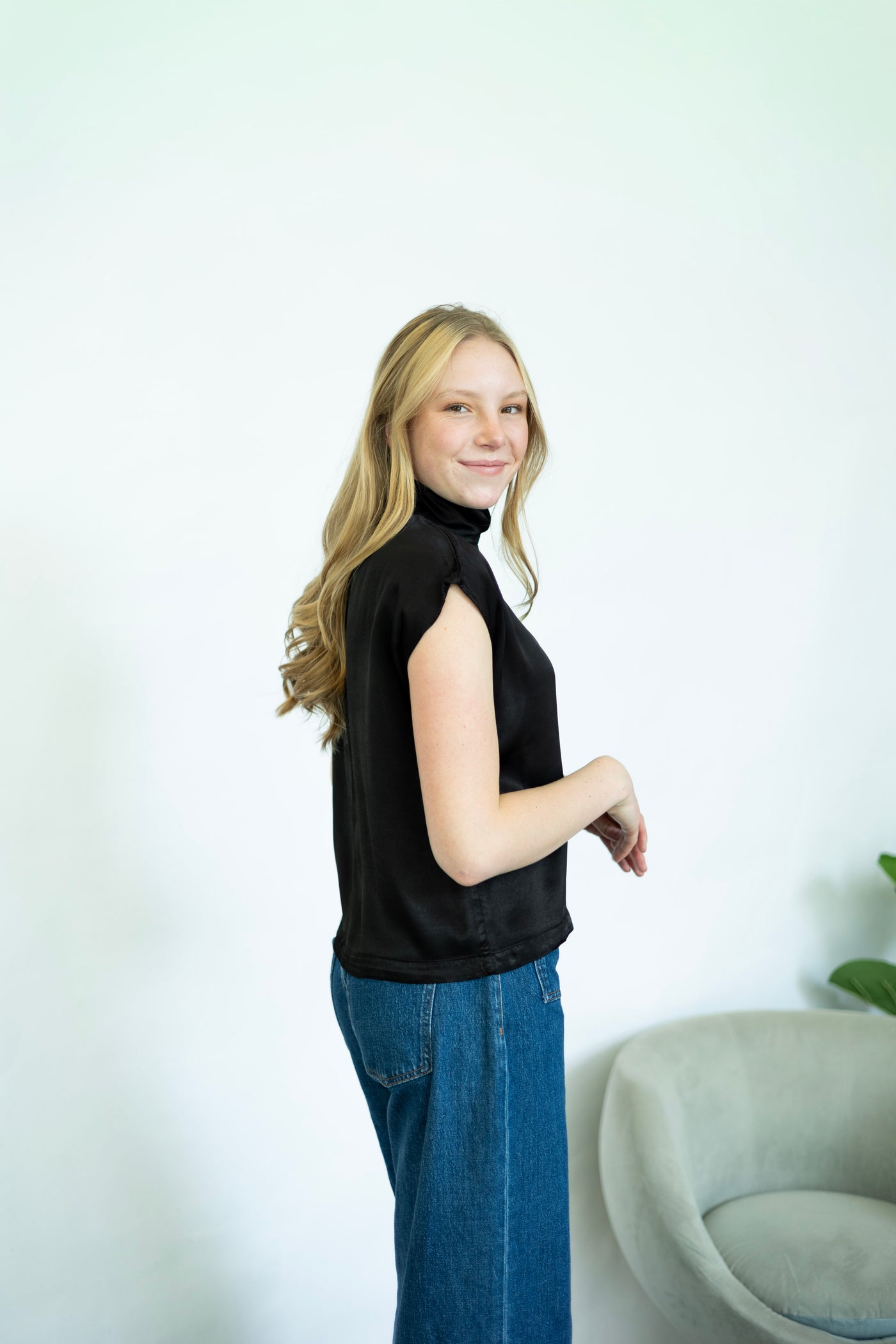 Satin, mock neck, short sleeve top
