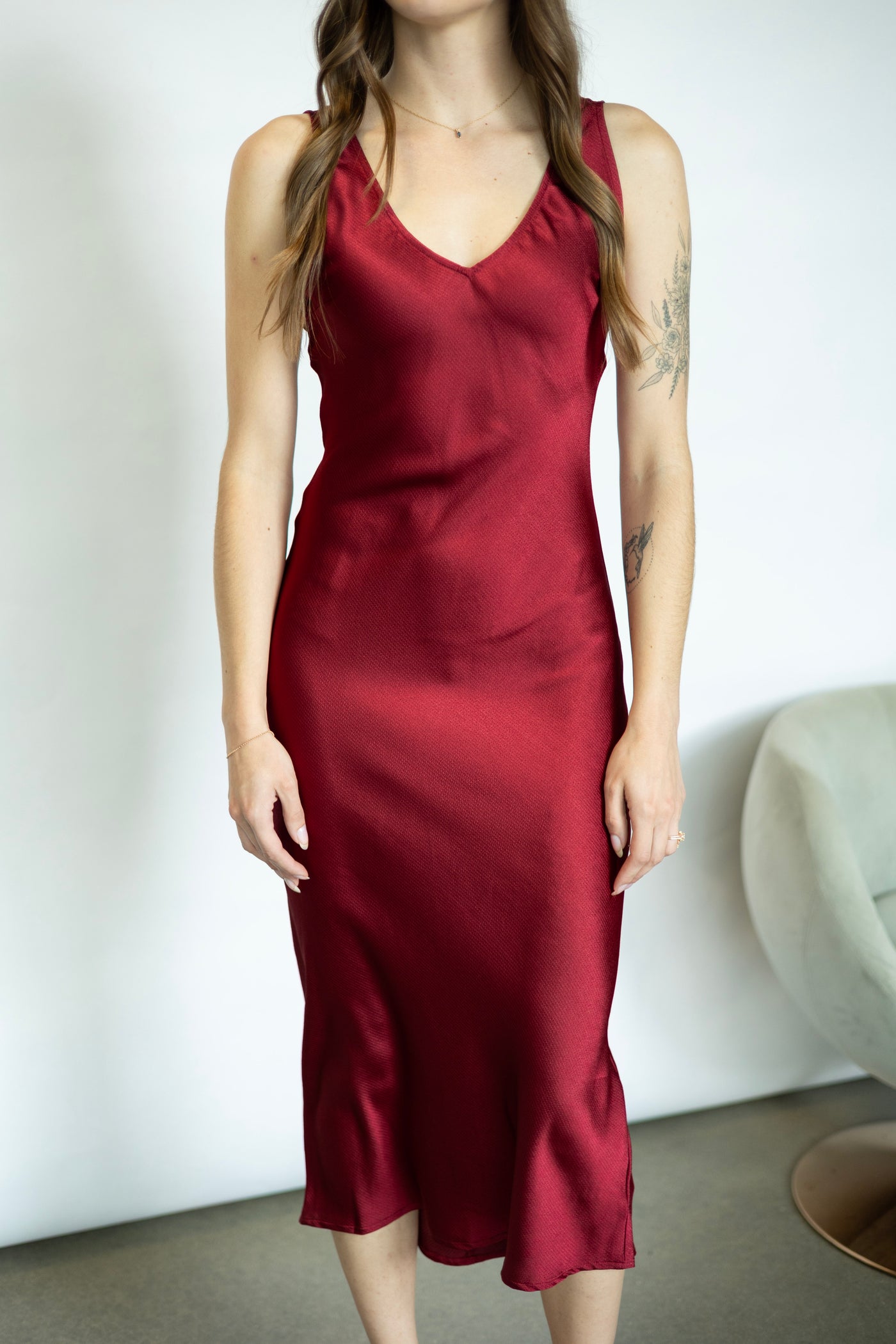 Red, satin, midi dress