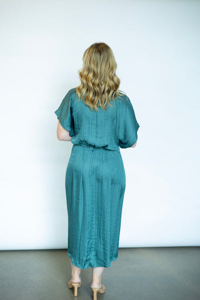 Teal satin wedding guest dress