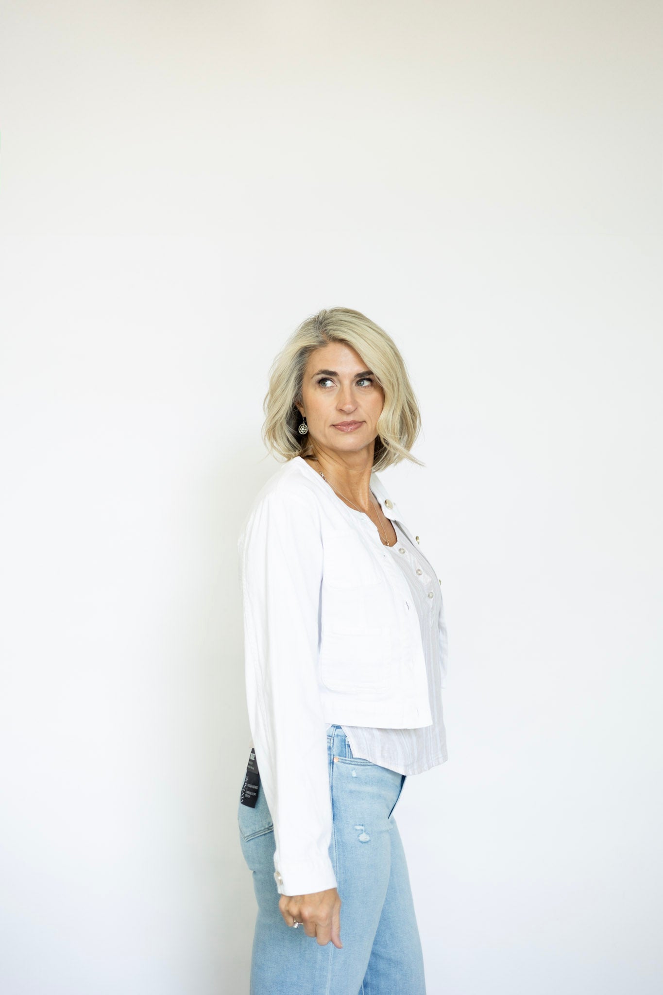 Cropped white denim jacket