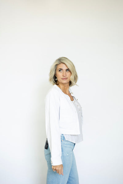 Cropped white denim jacket
