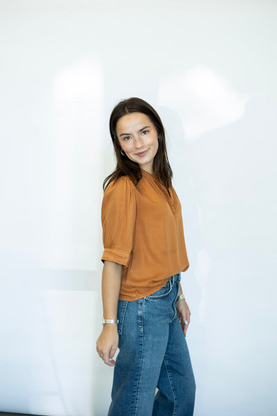 Orange half sleeve denim blouse