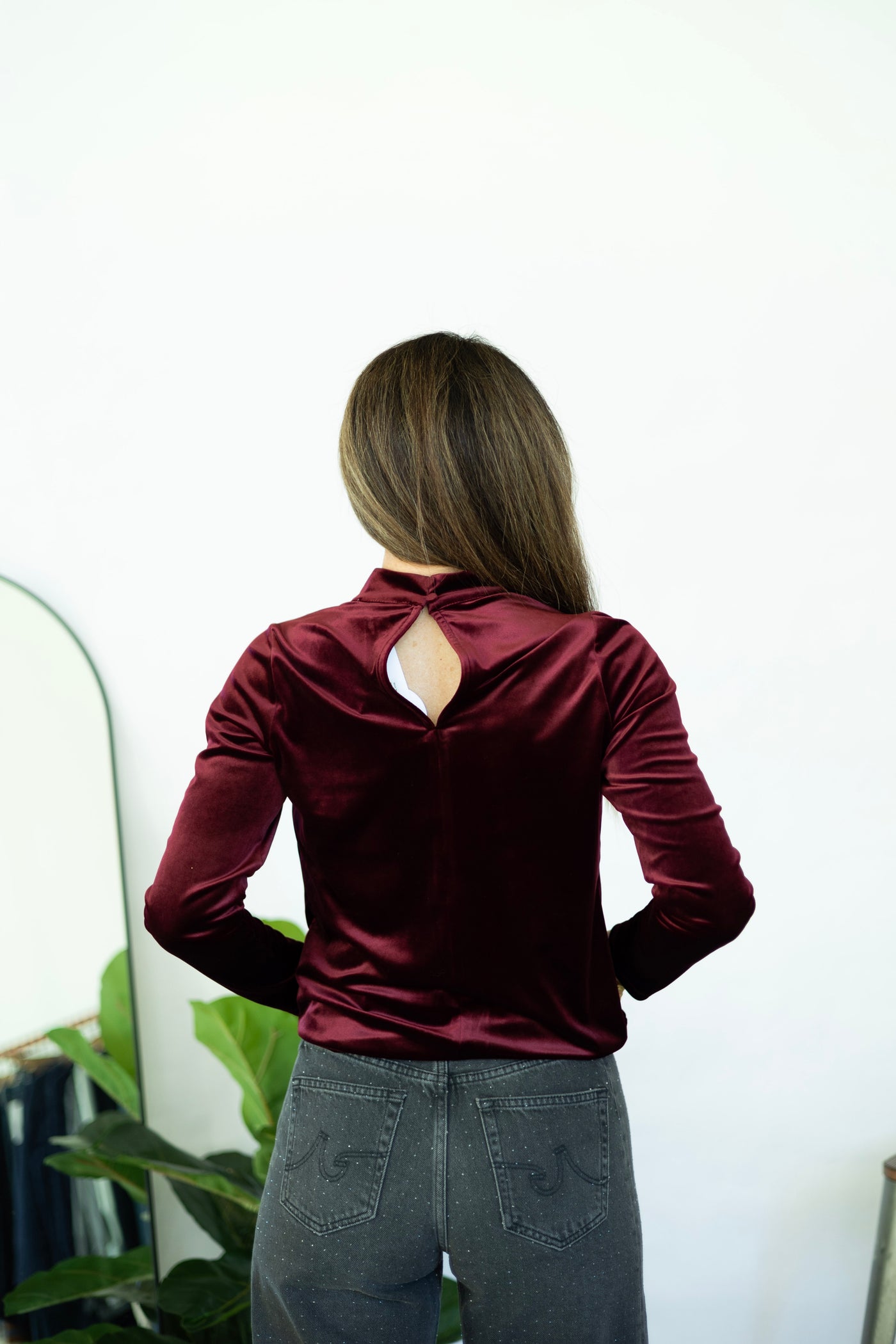 Mock Neck Front Keyhole Split Velvet Top