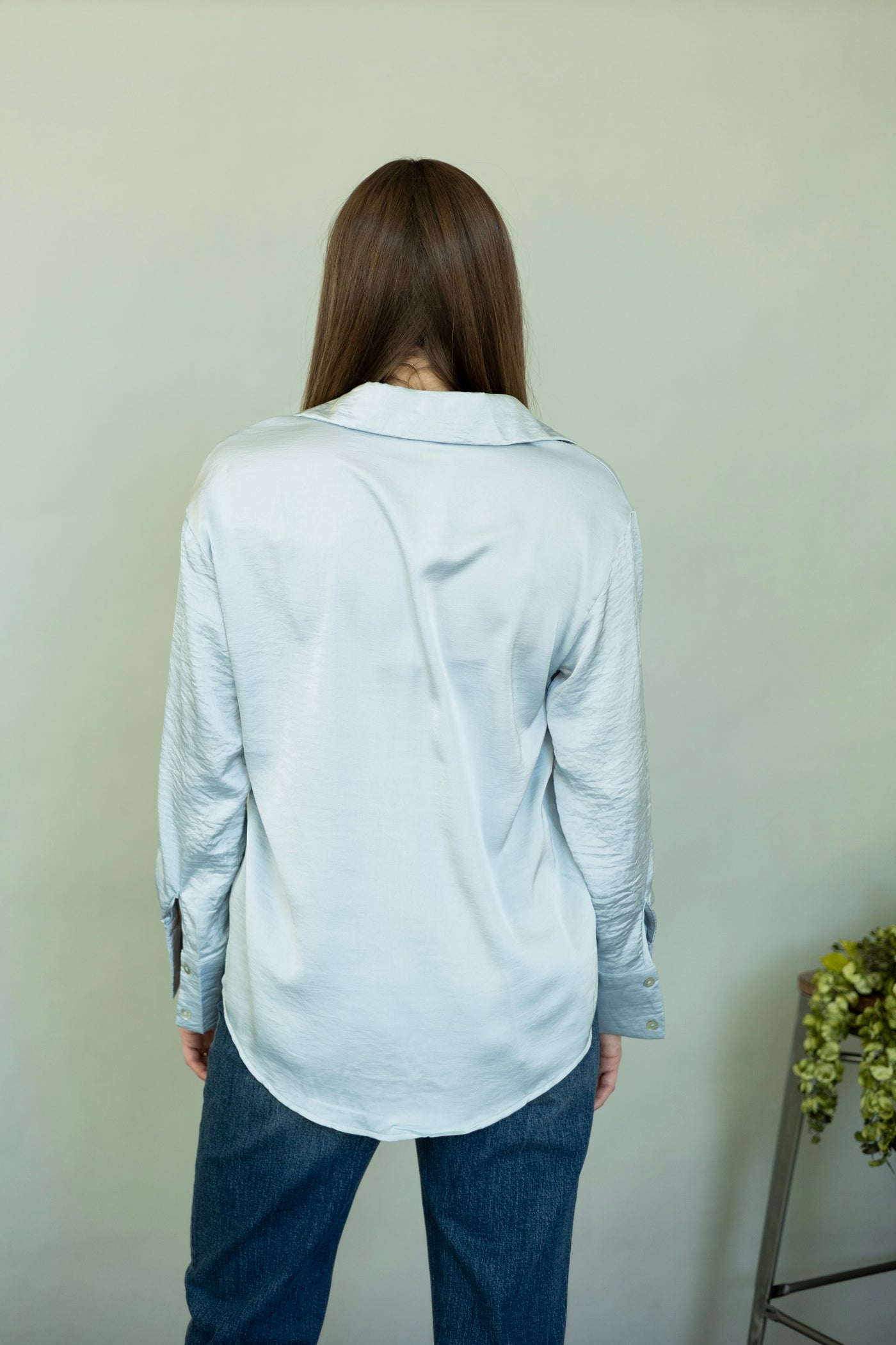Light blue, satin button up