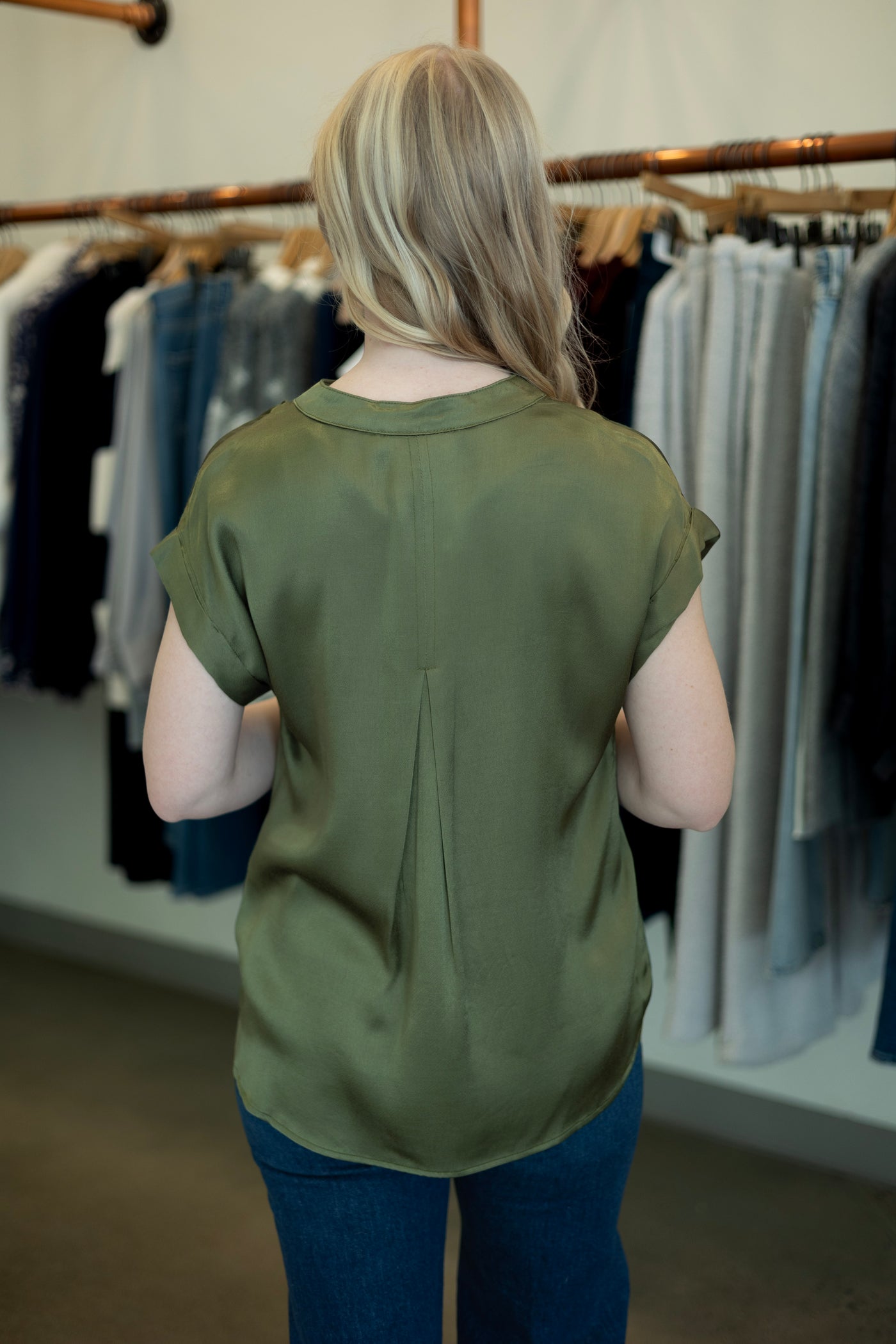 Green, satin, short sleeve blouse