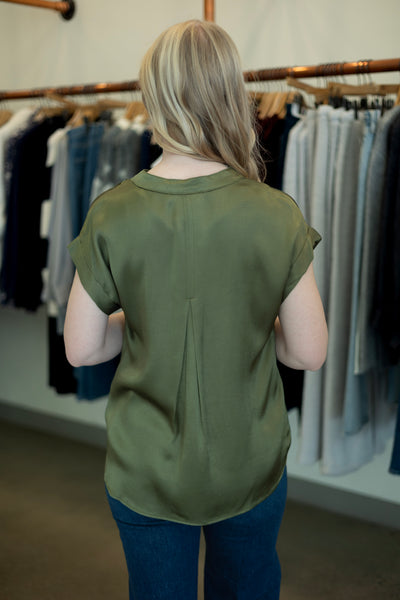 Green, satin, short sleeve blouse