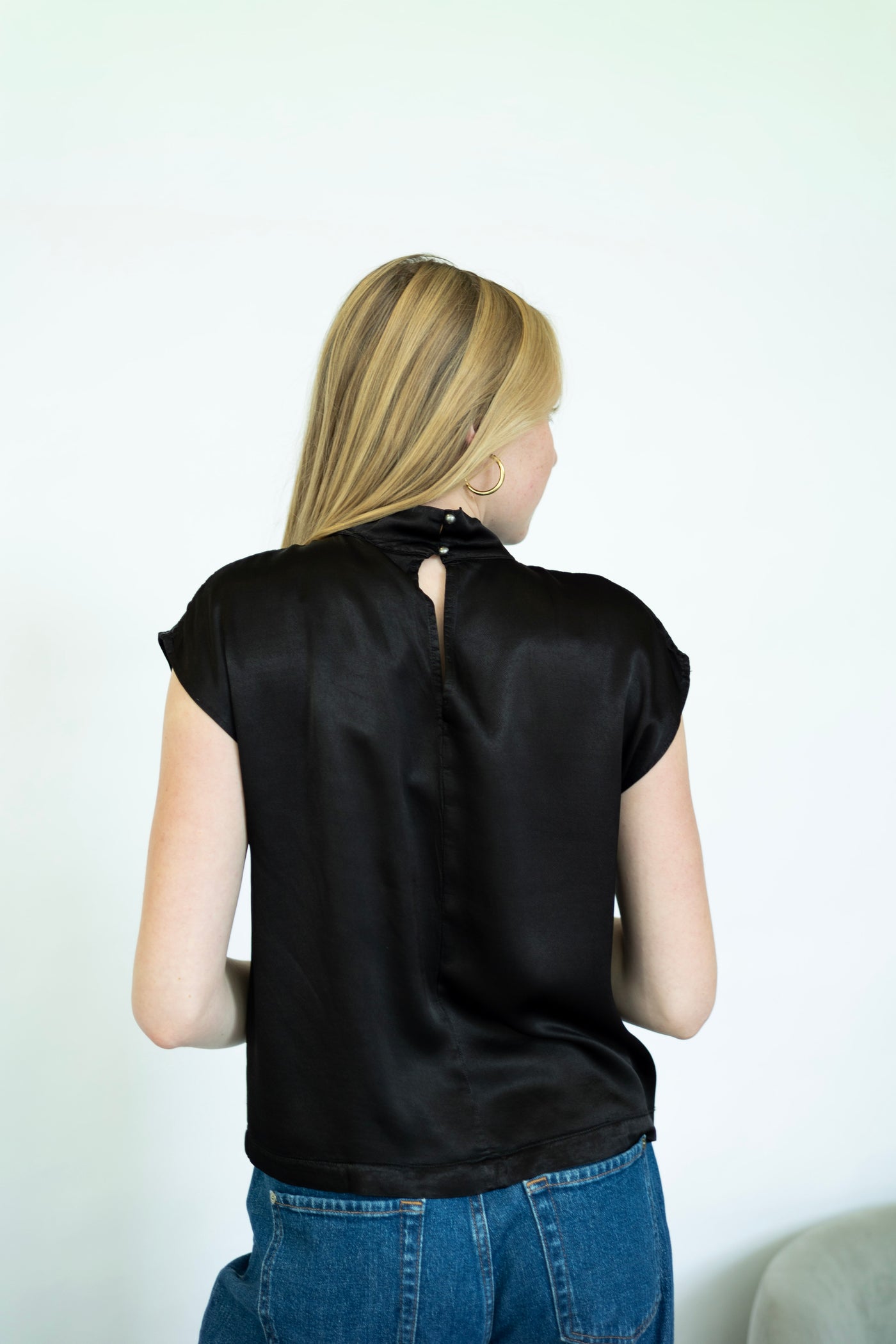 Satin, mock neck, short sleeve top