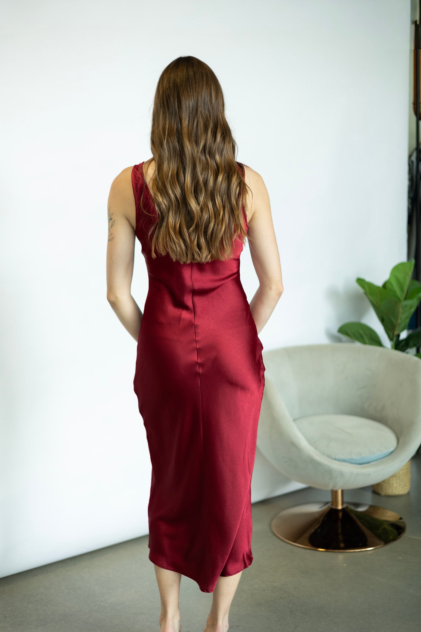 Red, satin, midi dress