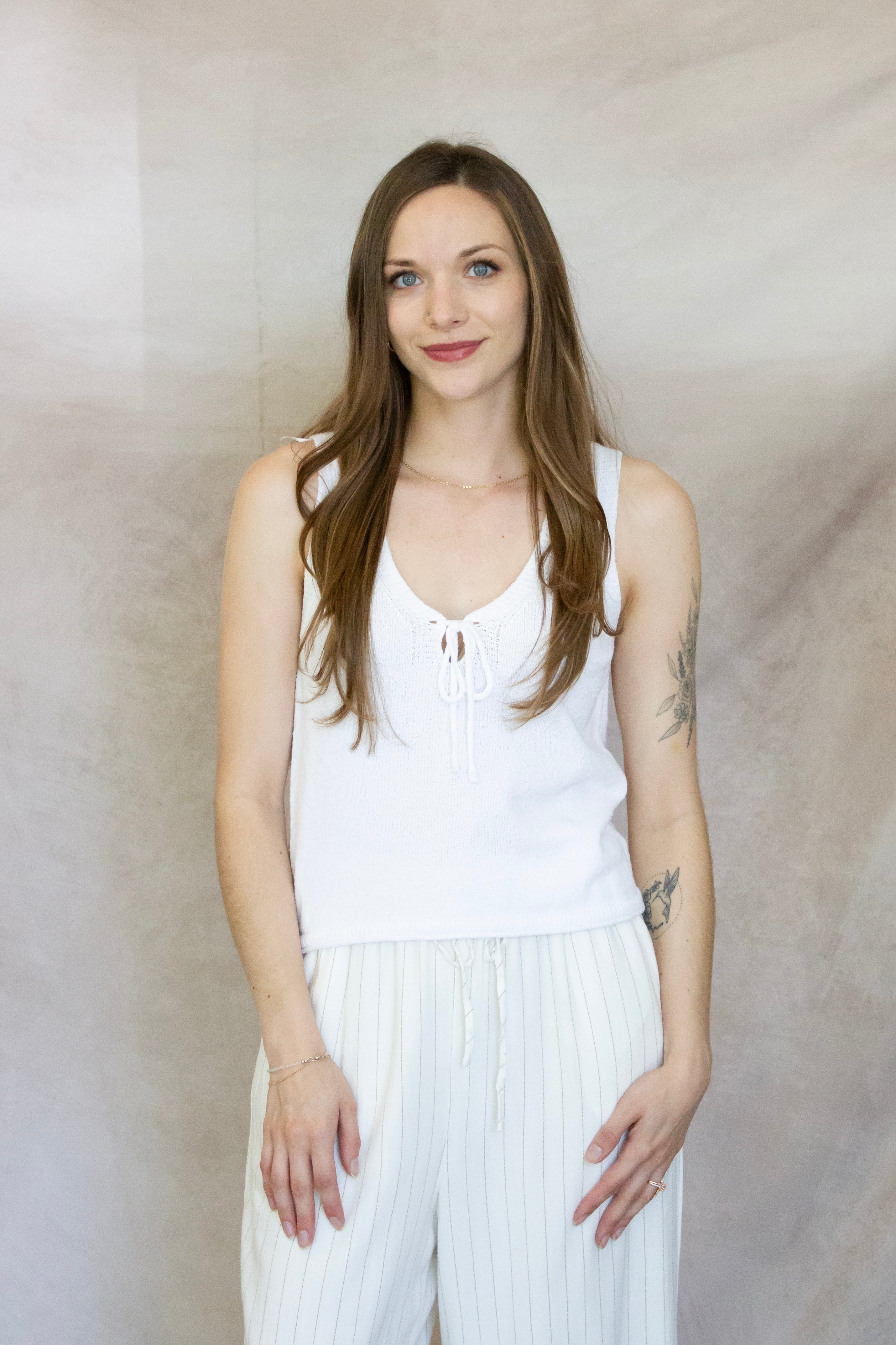 White knit tie front top