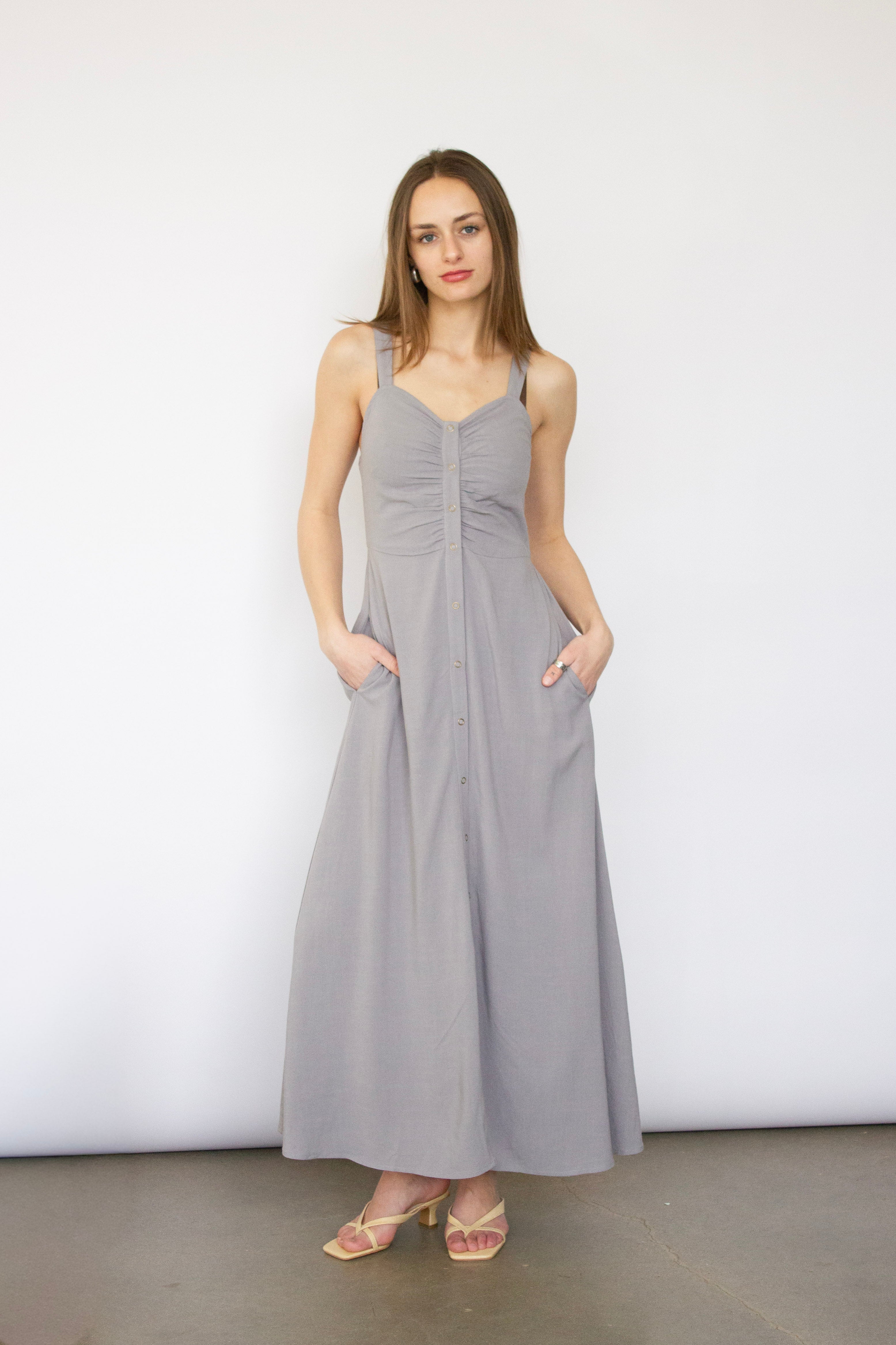 V-neck taupe rouche front maxi dress