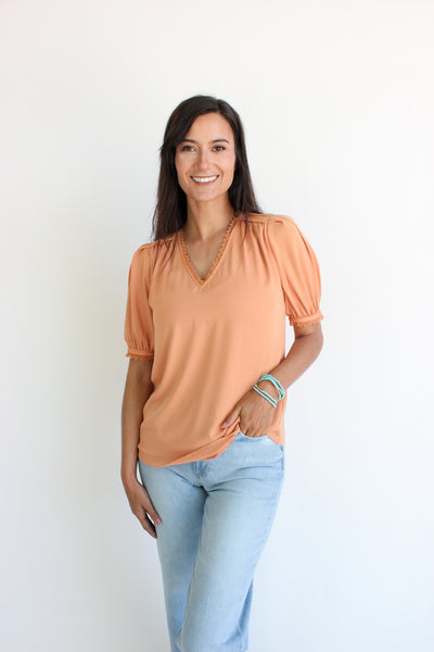 V-Neck Blouse W/ Lace Trim