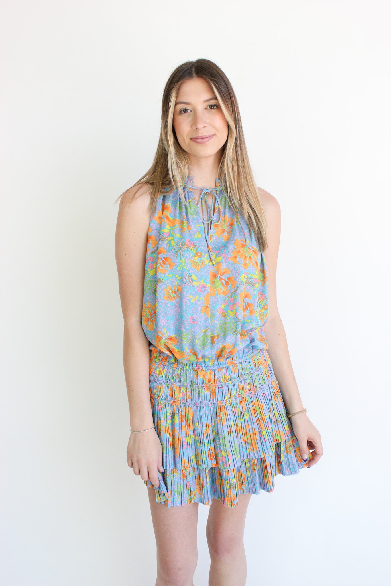 Tie Mini Dress W/ Pleated Skirt