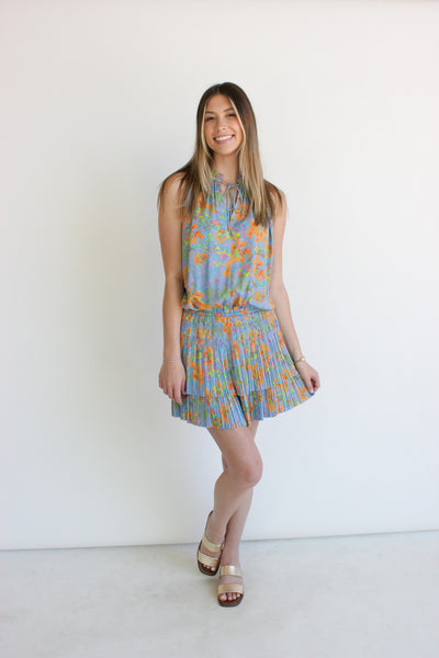 Tie Mini Dress W/ Pleated Skirt
