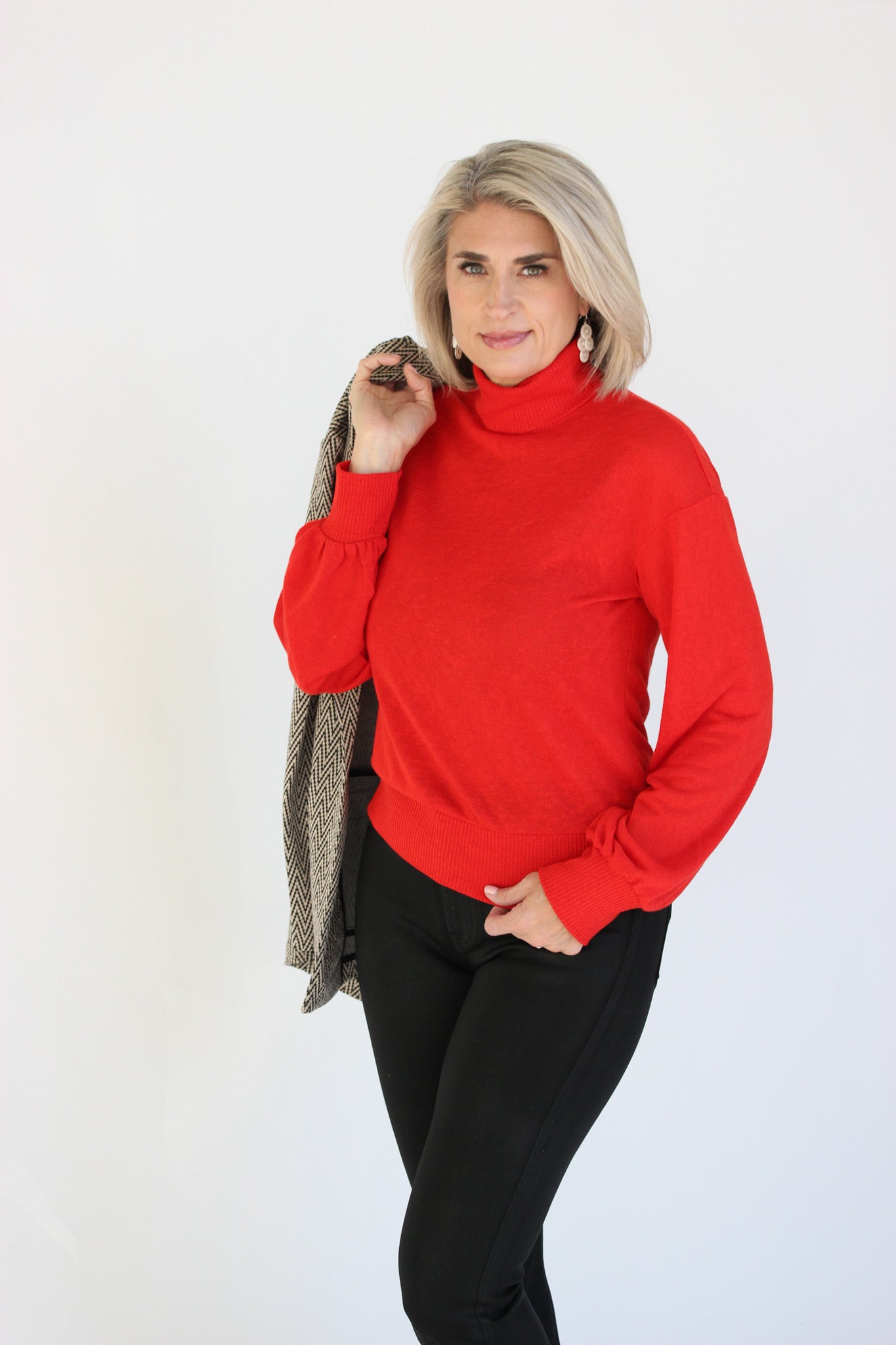 Ruched Sleeve Turtle Neck Top