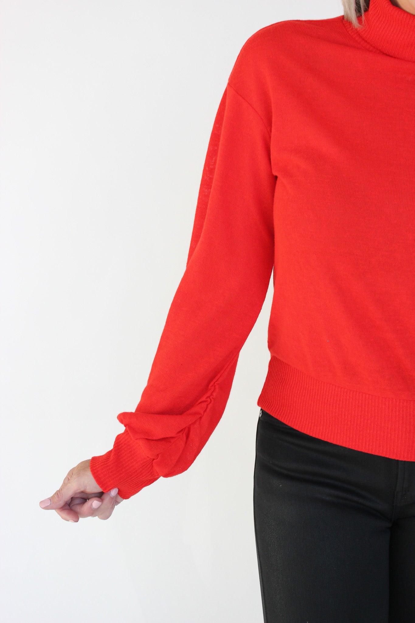 Ruched Sleeve Turtle Neck Top