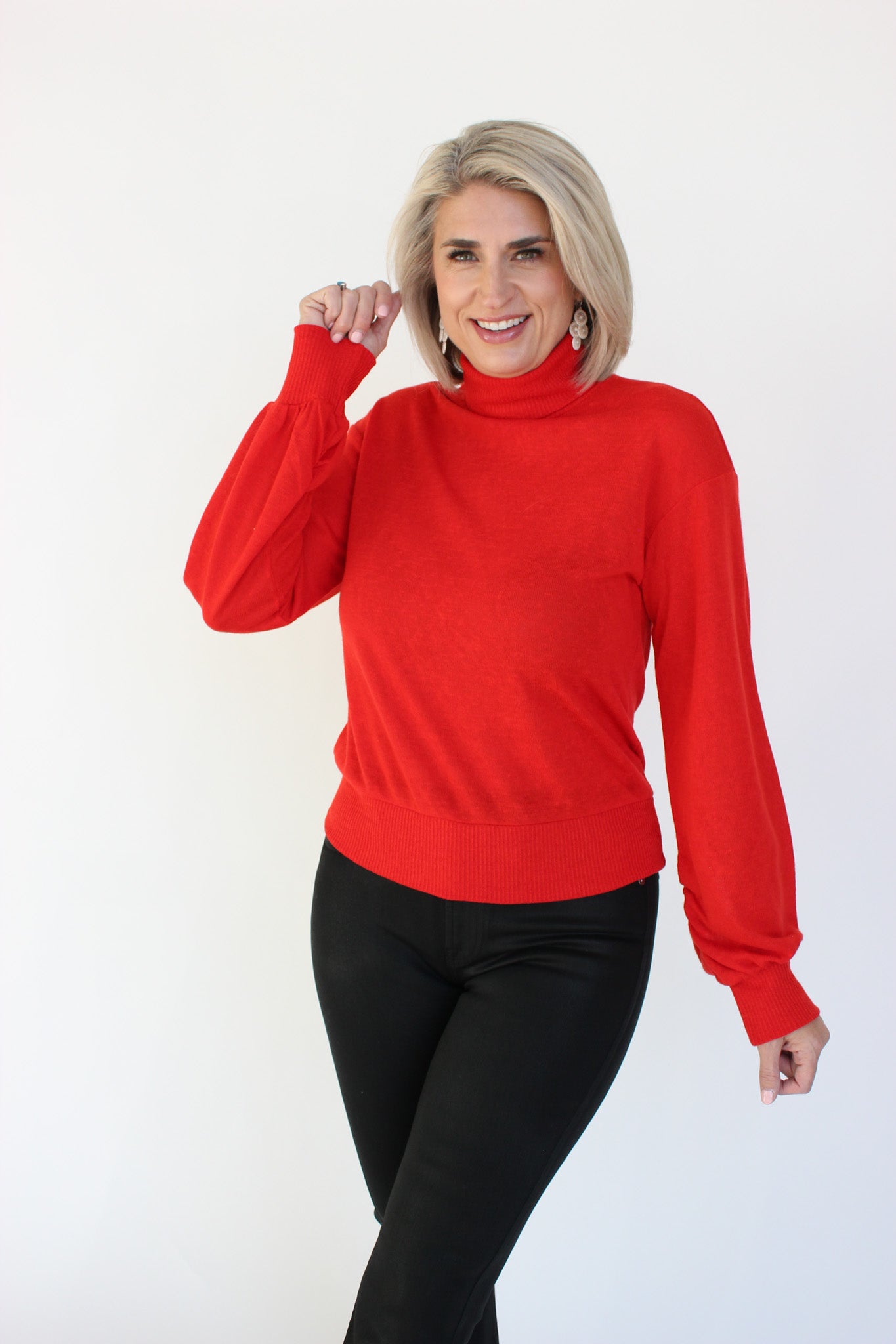 Ruched Sleeve Turtle Neck Top