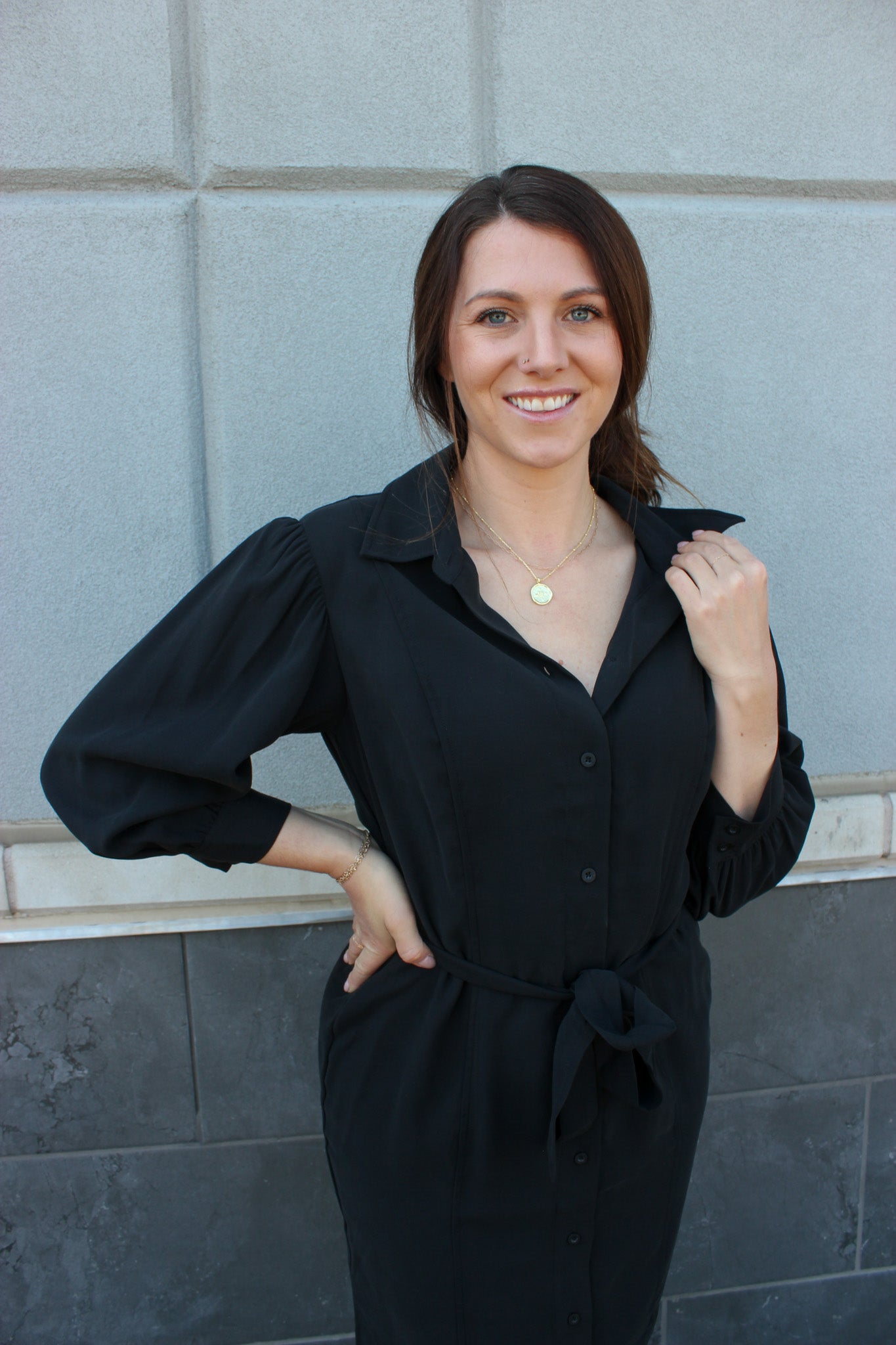 Puff Sleeve Button Front Dress