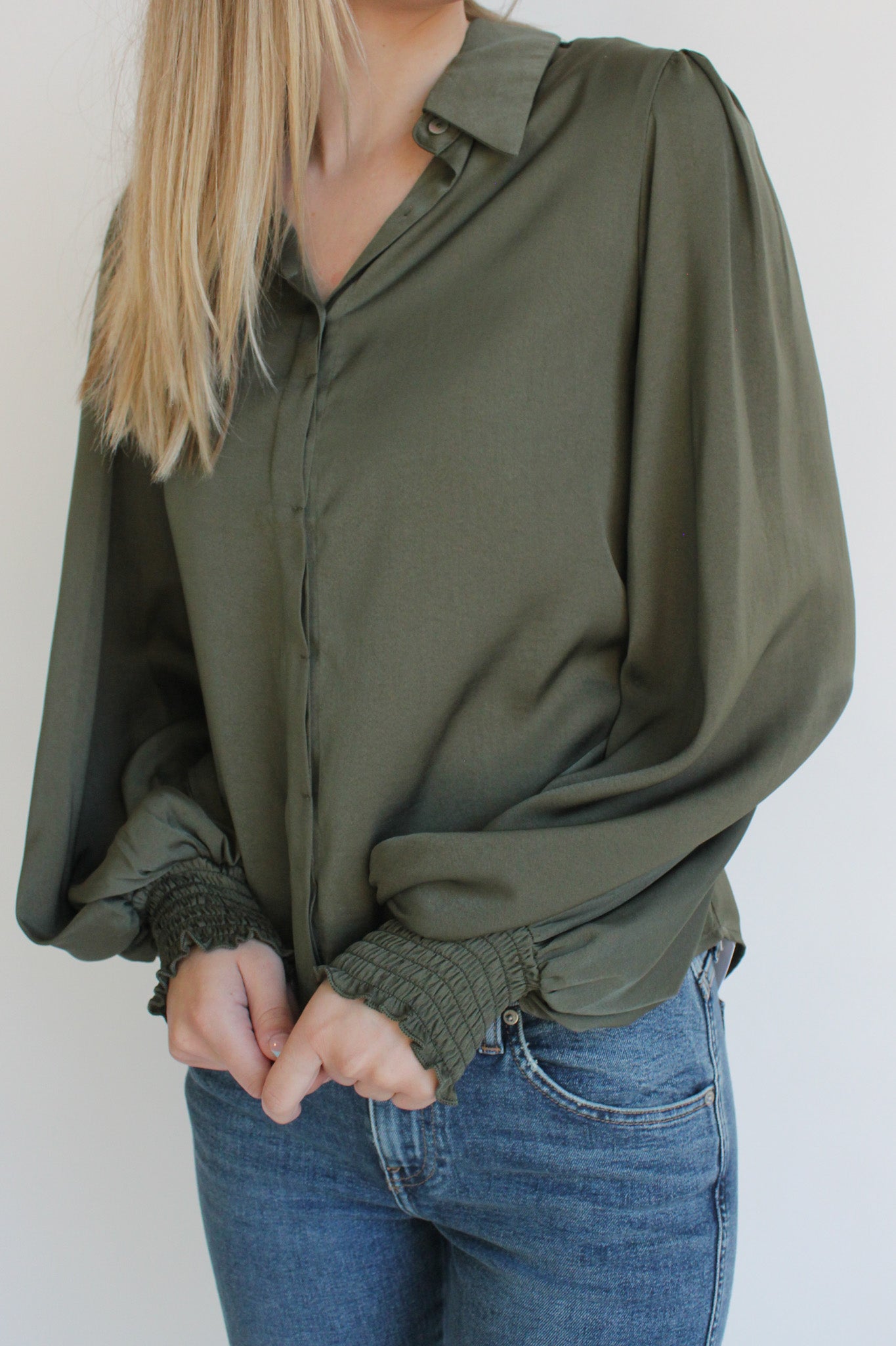 Puff Sleeve Collared Button Down