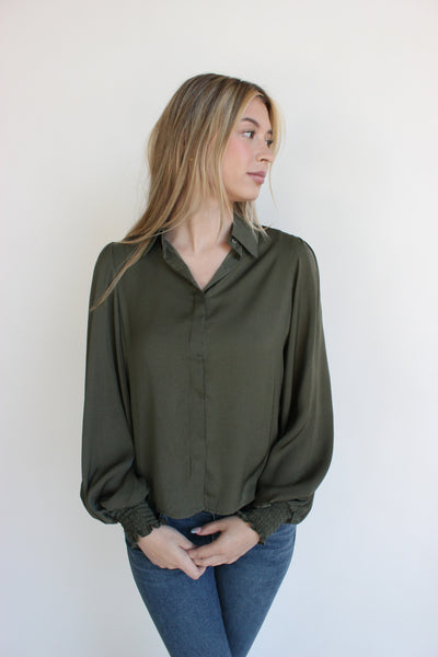 Puff Sleeve Collared Button Down
