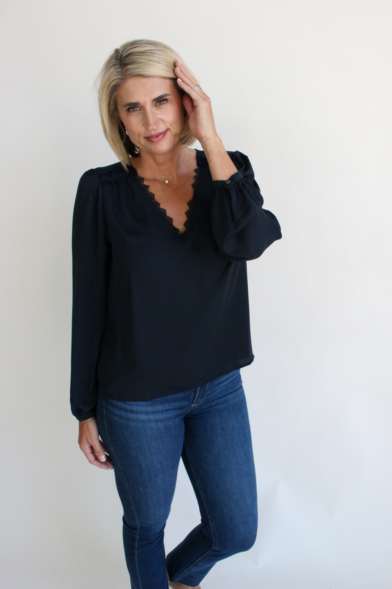L/S V-Neck Blouse W/ Lace Trim