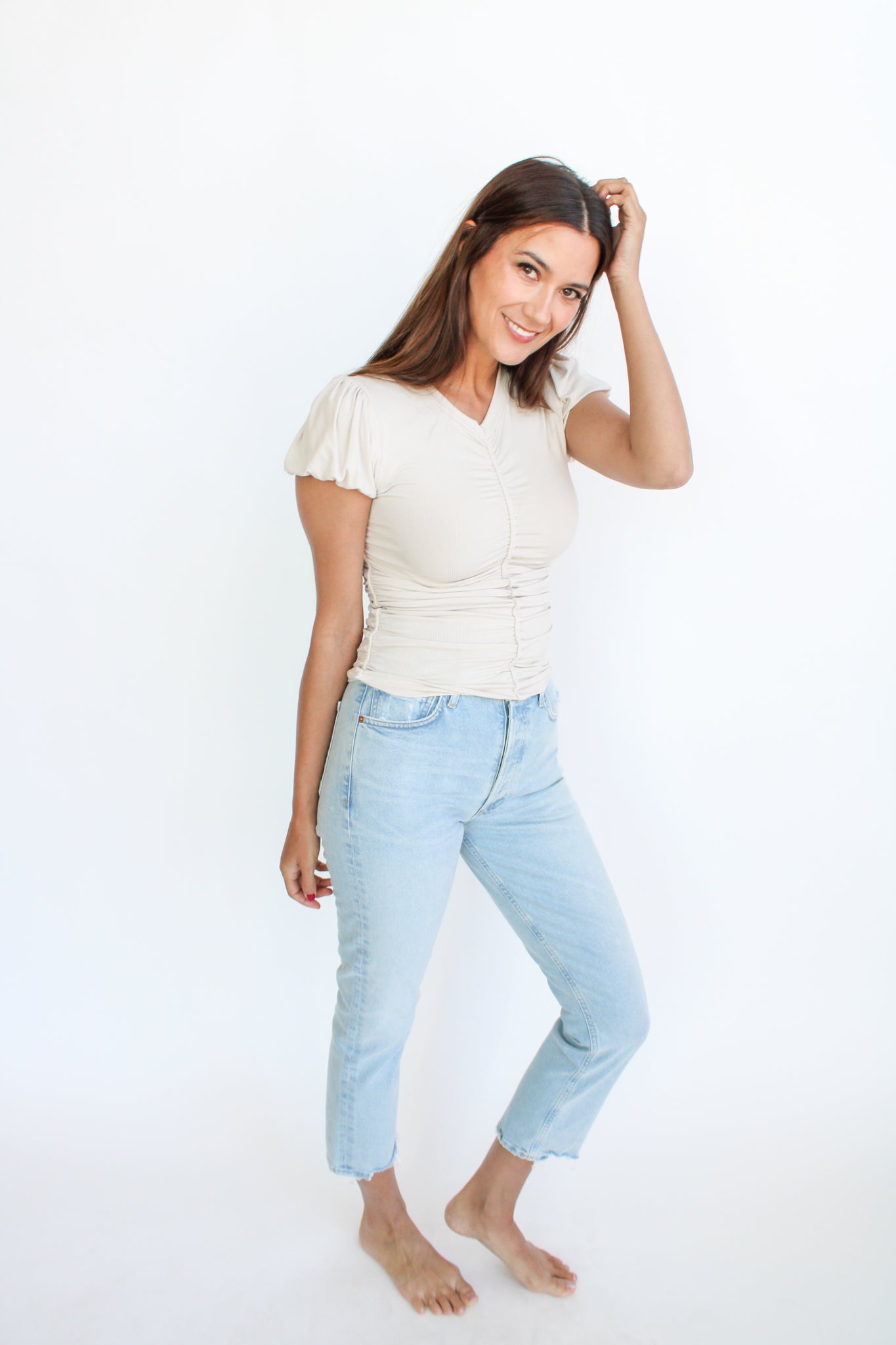 Ruched Top W/ Shirred Sleeve
