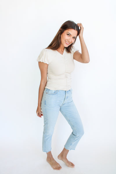 Ruched Top W/ Shirred Sleeve