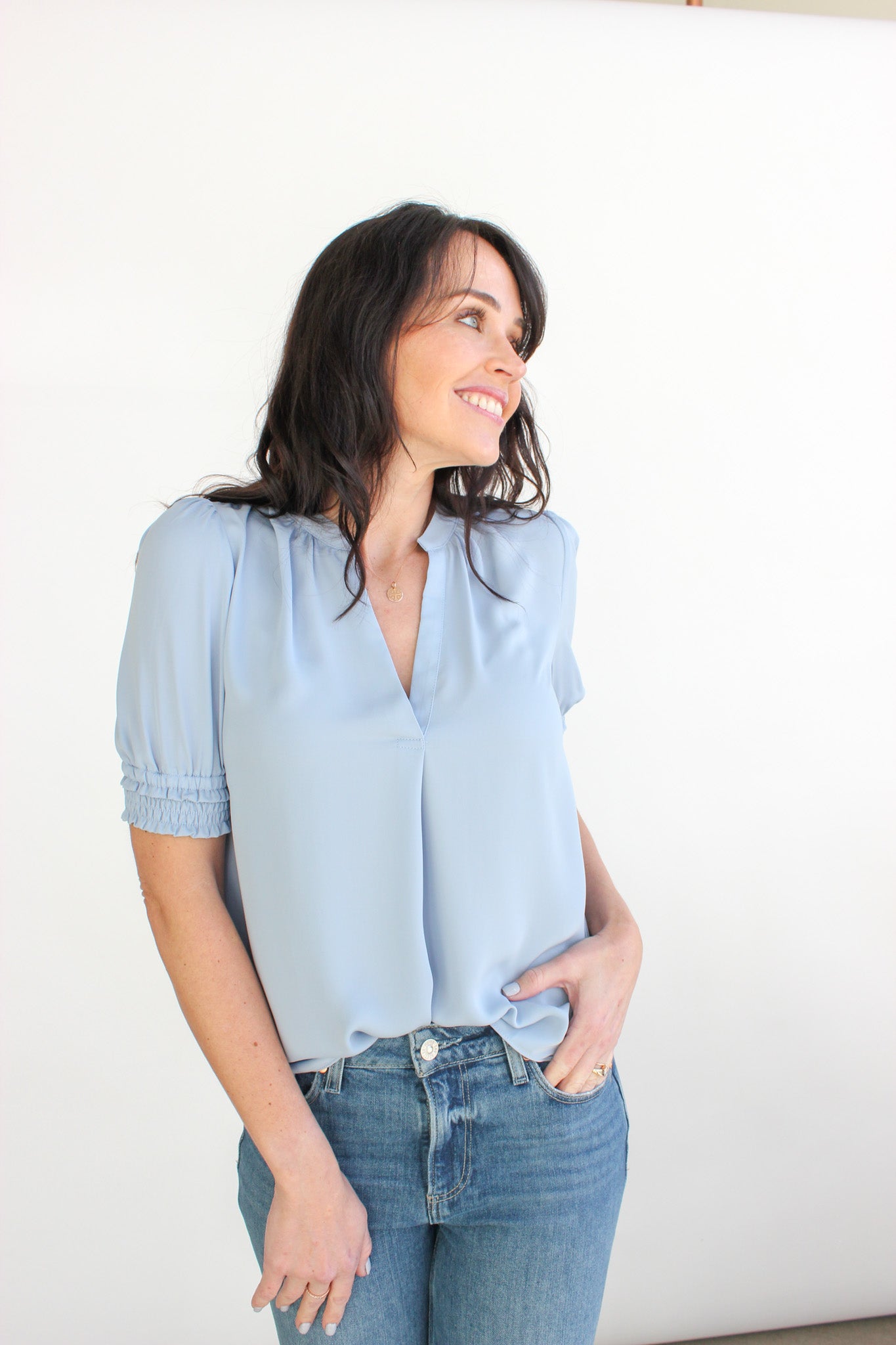 Smocked SSLV V-Neck Top