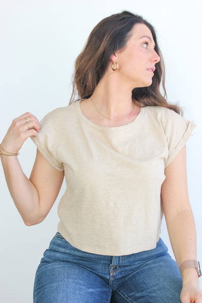 Boatneck Cuffed Cropped Tee