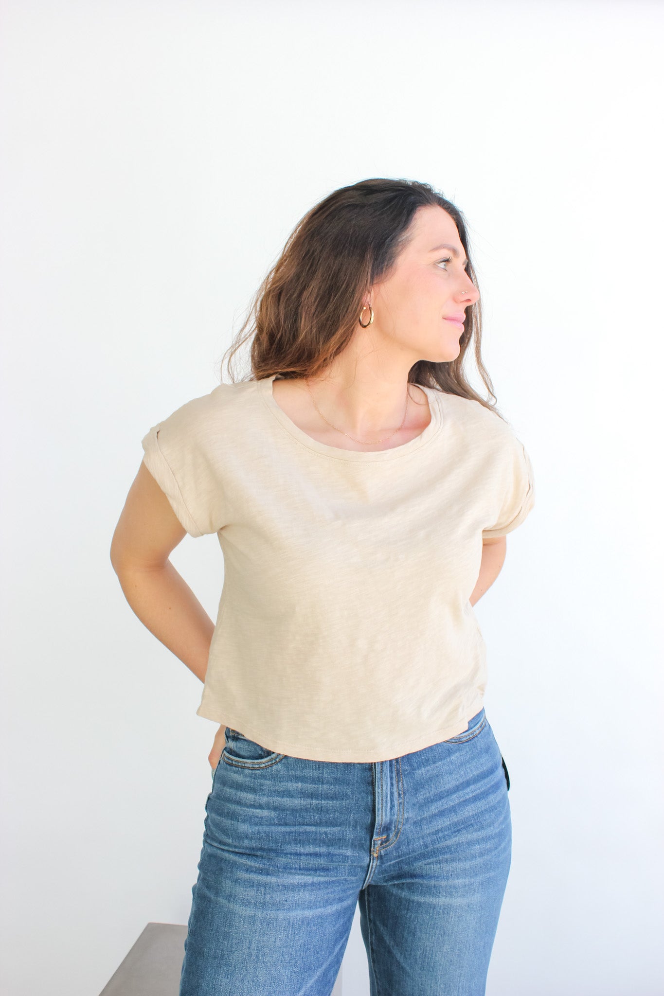 Boatneck Cuffed Cropped Tee