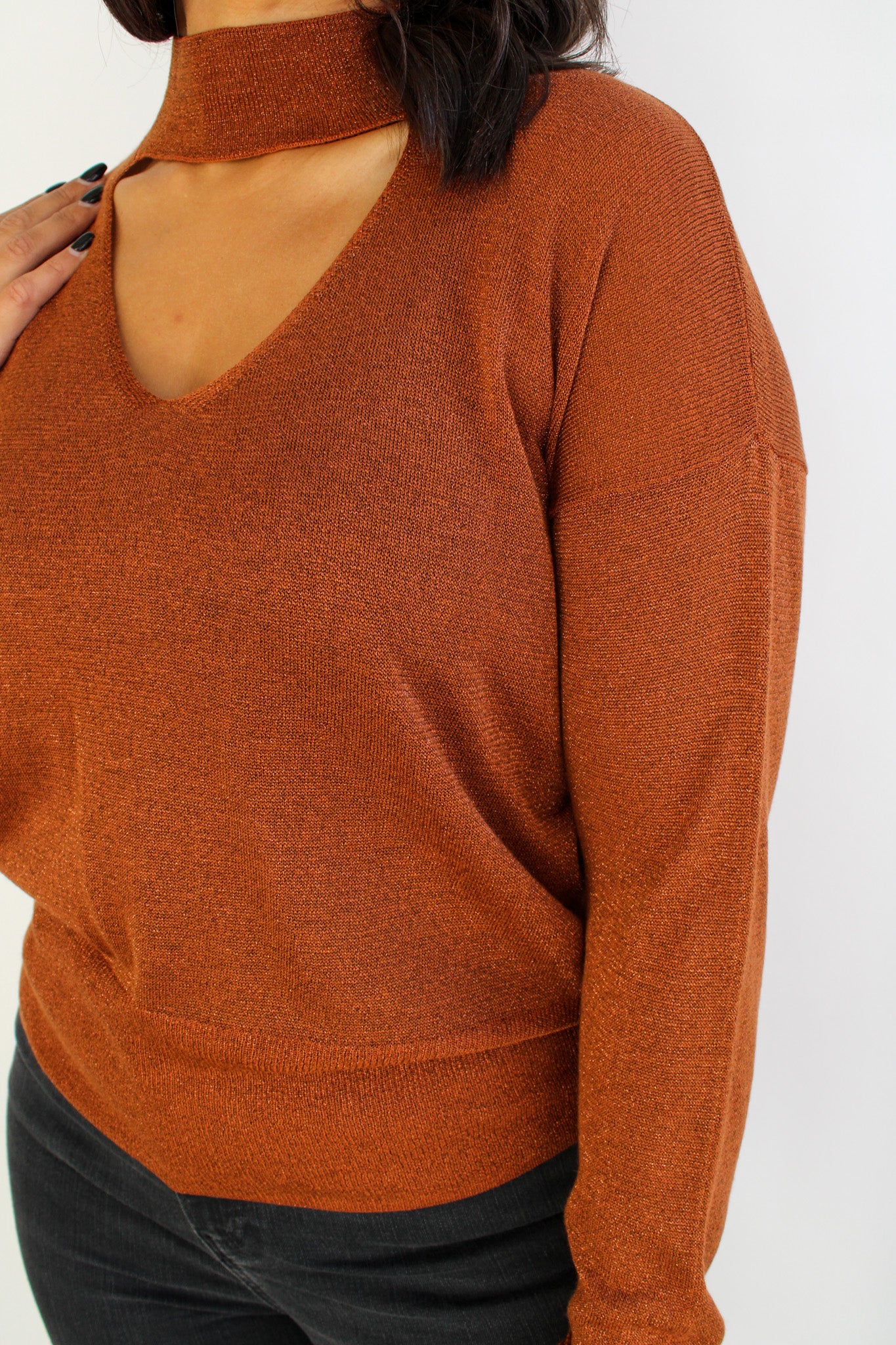 Lurex Cutout Mock Neck Pullover